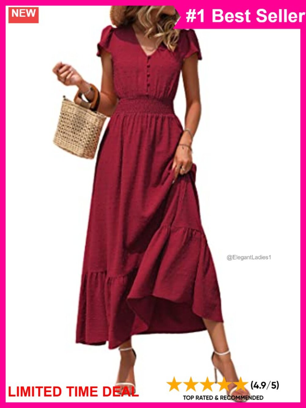 Womens Boho Swiss Dot Maxi Dress V-Neck Smocked Waist Ruffle Hem